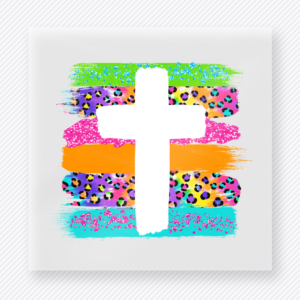 Colorful cross Christian DTF transfer with brushstrokes and leopard accents