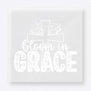 Bloom in grace Christian DTF transfer with white cross and floral line art