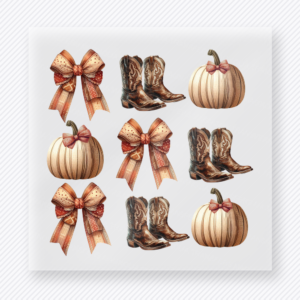 Bows Boots and Pumpkins Pattern fall and Thanksgiving DTF transfer featuring a fall pattern with bows, cowboy boots, and pumpkins