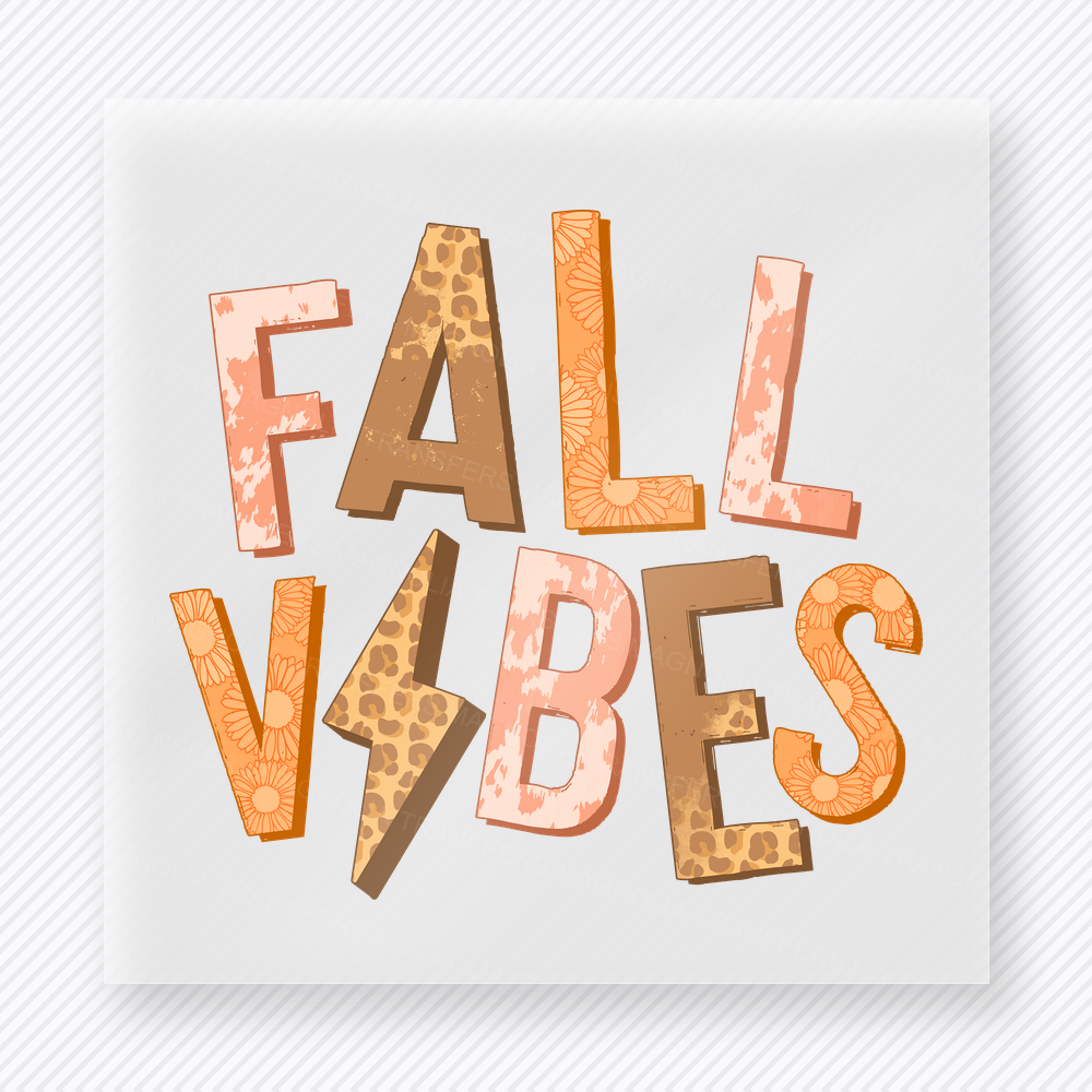 Fall Vibes Patchwork Autumn Lettering fall and Thanksgiving DTF transfer featuring in patchwork autumn lettering