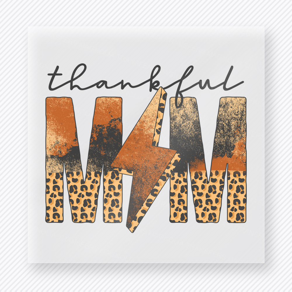 Thankful Mama Animal Print And Lightning Detail fall and Thanksgiving DTF transfer featuring with animal print and lightning detail