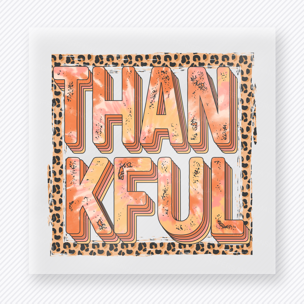 Thankful Word In Leopard Print Block fall and Thanksgiving DTF transfer featuring the word Thankful in leopard print block lettering