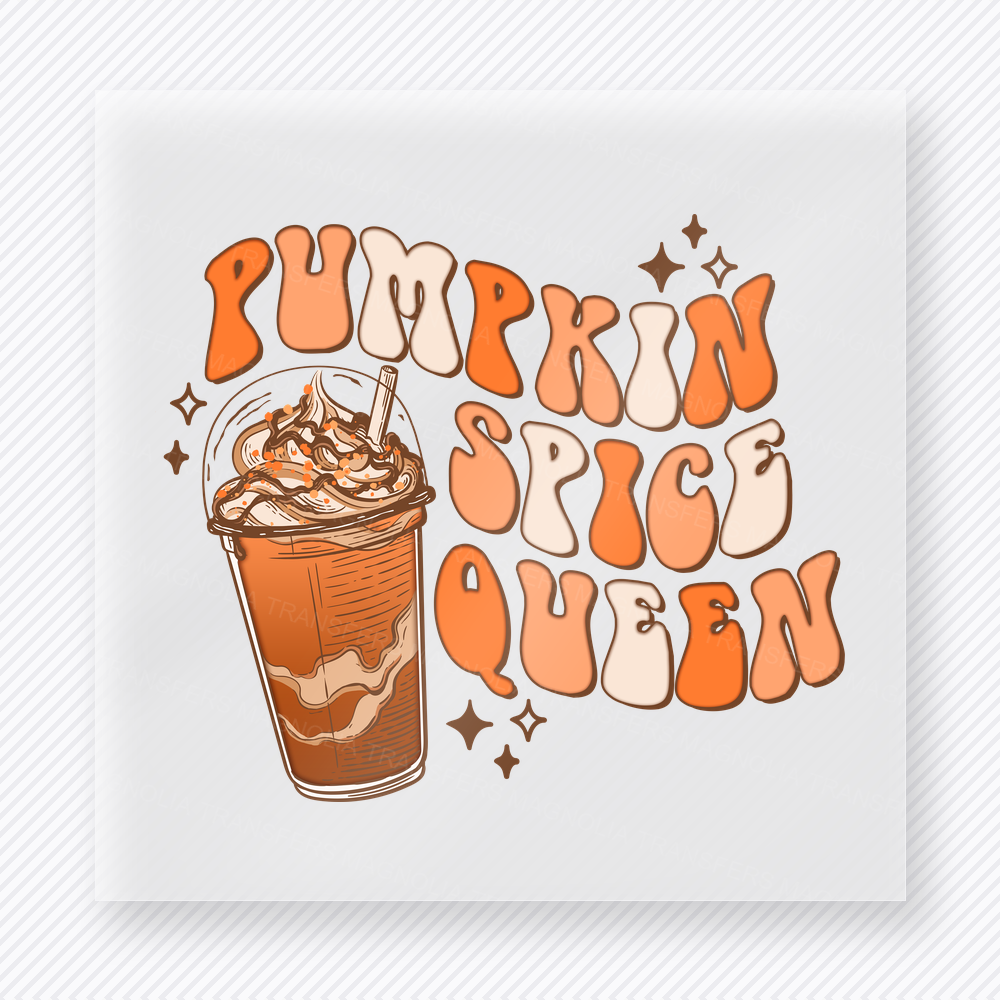 Pumpkin Spice Queen fall and Thanksgiving DTF transfer featuring with a fall drink illustration