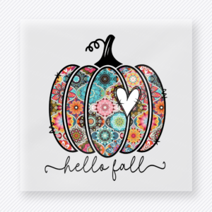 Hello Fall Floral Patterned Pumpkin With A fall and Thanksgiving DTF transfer featuring a floral patterned pumpkin with a heart