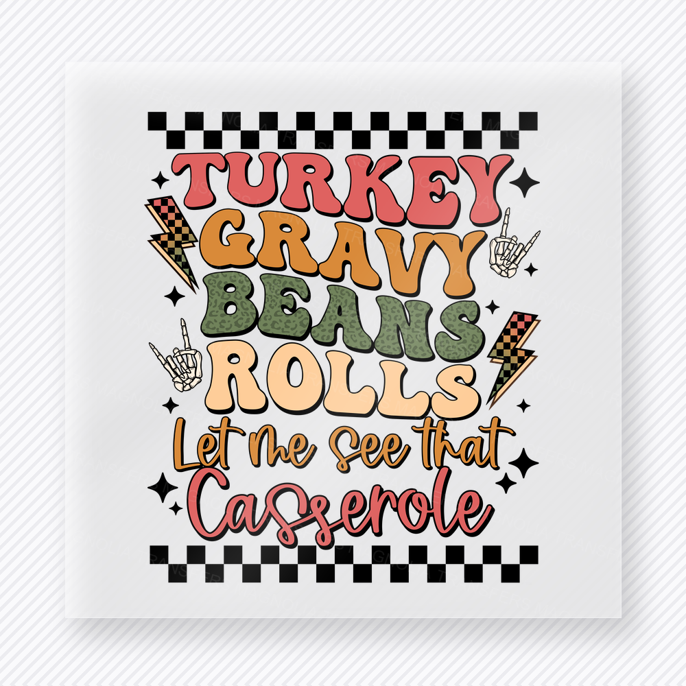 Turkey Gravy Beans Rolls Let Me See That Casserole Stacked Thanksgiving Food Words With Checker fall and Thanksgiving DTF transfer featuring stacked thanksgiving food words with checker accents