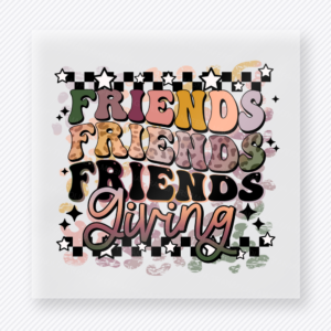 Friends Friends Friendsgiving Stacked Floral Patterned Lettering With fall and Thanksgiving DTF transfer featuring stacked floral patterned lettering with the word Friendsgiving