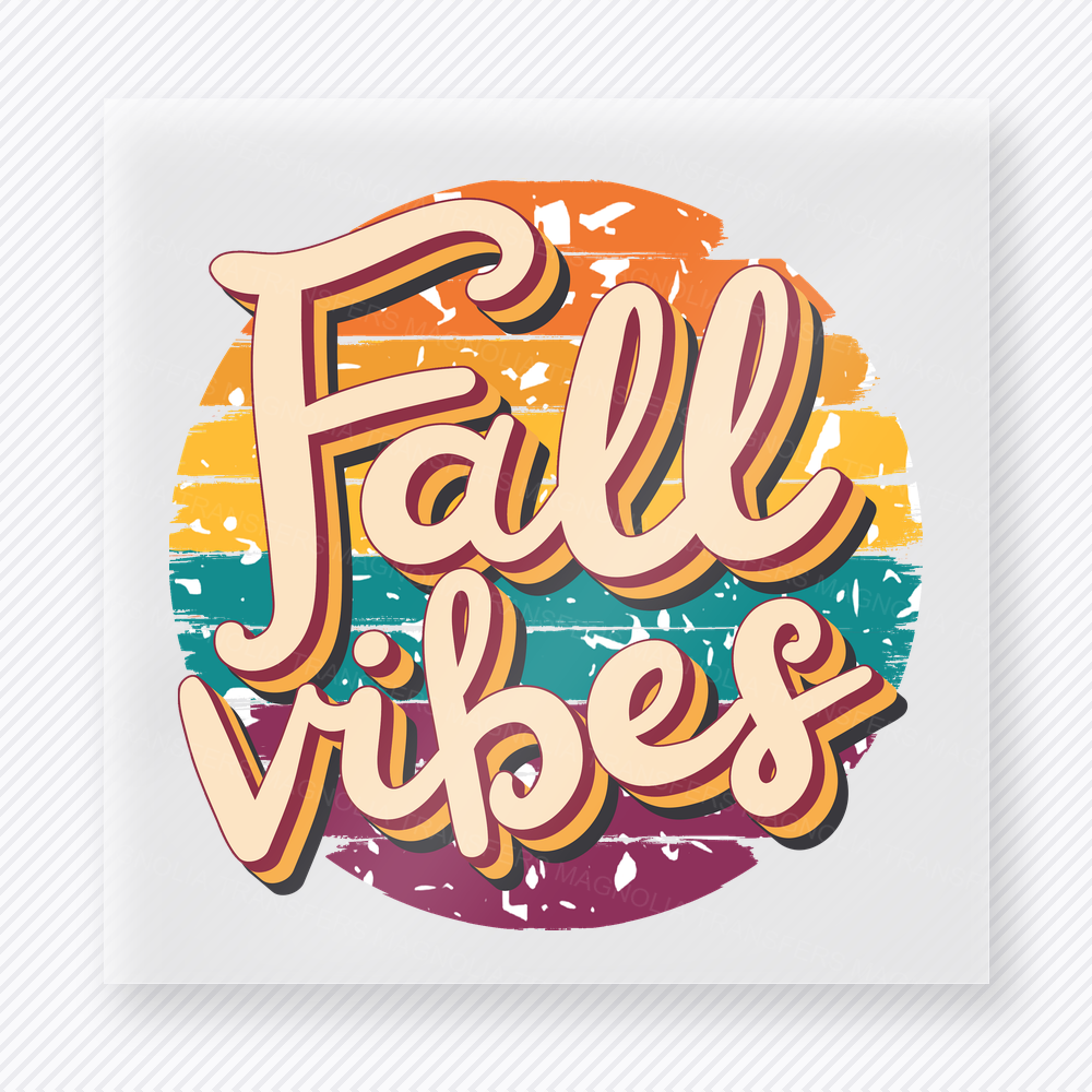 Fall Vibes A Rainbow-Style Retro Background fall and Thanksgiving DTF transfer featuring over a rainbow-style retro background