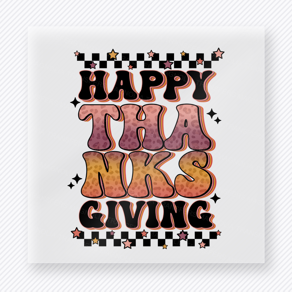 Happy Thanks Giving fall and Thanksgiving DTF transfer featuring in checker and retro lettering