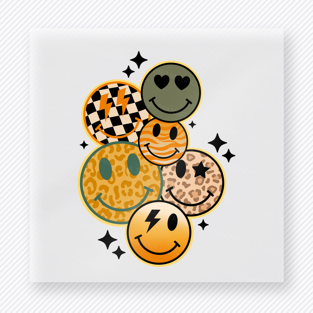Fall Smiley Stack fall and Thanksgiving DTF transfer featuring a stacked smiley face design with fall patterns