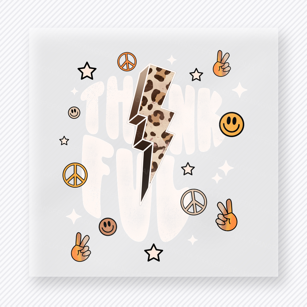 Thankful Word In Soft White Lettering fall and Thanksgiving DTF transfer featuring the word Thankful in soft white lettering with peace sign accents
