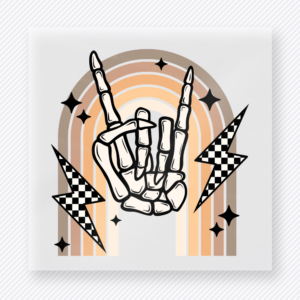 Rock and Roll Skeleton Hand fall and Thanksgiving DTF transfer featuring a skeleton hand with checker lightning and rainbow accents