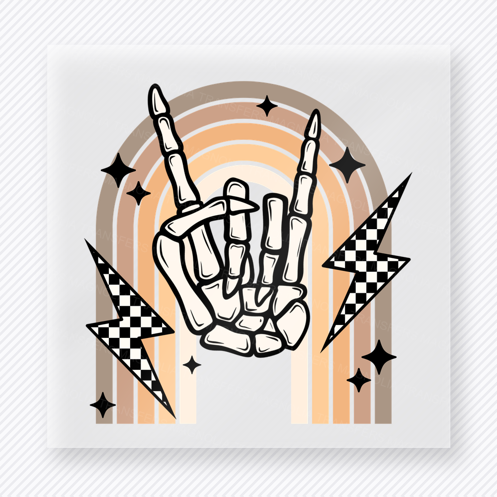 Rock and Roll Skeleton Hand fall and Thanksgiving DTF transfer featuring a skeleton hand with checker lightning and rainbow accents