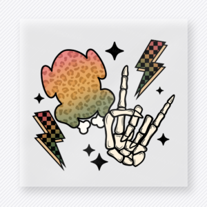 Turkey and Rock Hand fall and Thanksgiving DTF transfer featuring a turkey and skeleton hand design with lightning bolts