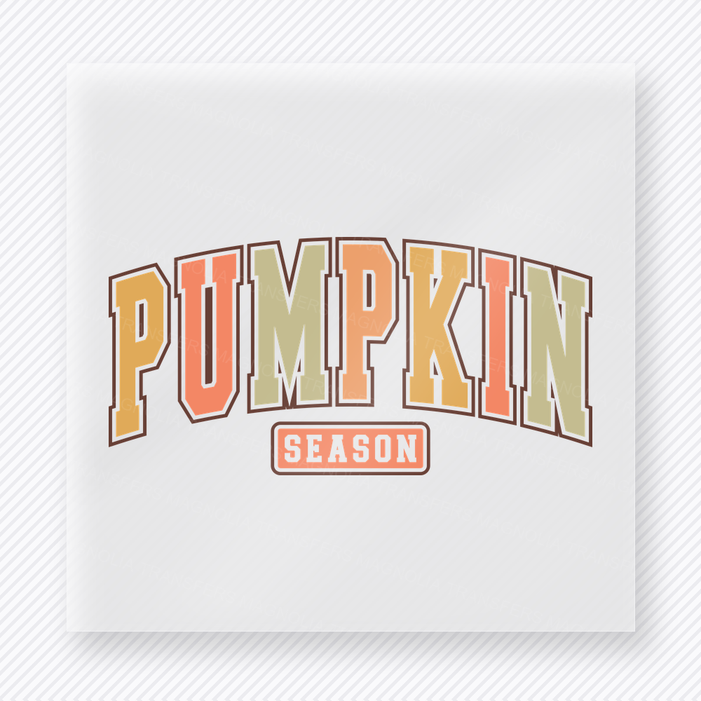 Pumpkin Season Varsity-Style Lettering fall and Thanksgiving DTF transfer featuring in varsity-style lettering
