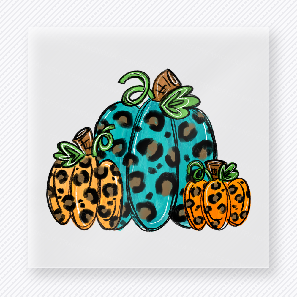 Leopard Pumpkin Trio Bright Fall Colors fall and Thanksgiving DTF transfer featuring a leopard pumpkin trio in bright fall colors