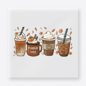 Fall Coffee Drinks Trio fall and Thanksgiving DTF transfer featuring a trio of fall coffee drinks with pumpkin spice details