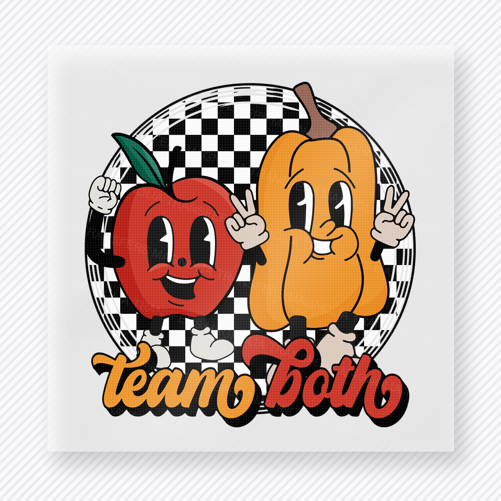 Team Both fall and Thanksgiving DTF transfer featuring a team apple and pumpkin smiley design