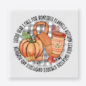 Fall for Bonfires Flannels Hayrides Sweaters Leaves and Pumpkins fall and Thanksgiving DTF transfer featuring a circular fall word collage with pumpkins and coffee