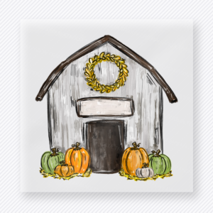 Pumpkin Barn fall and Thanksgiving DTF transfer featuring a rustic barn with pumpkins and a fall wreath