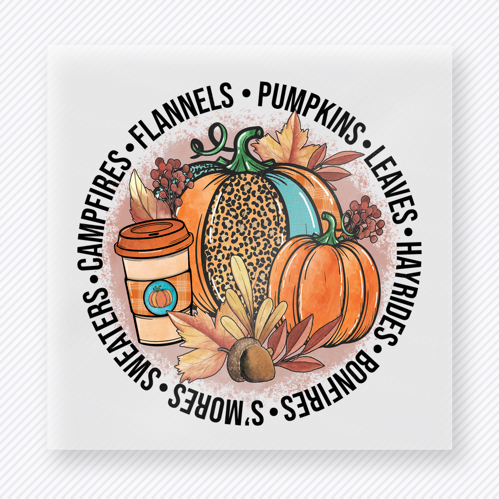 Flannels Pumpkins Leaves Hayrides Sweaters S'mores Campfires fall and Thanksgiving DTF transfer featuring Flannels Pumpkins Leaves Hayrides Sweaters S’mores Campfires features a circular fall word collage with pumpkins and coffee