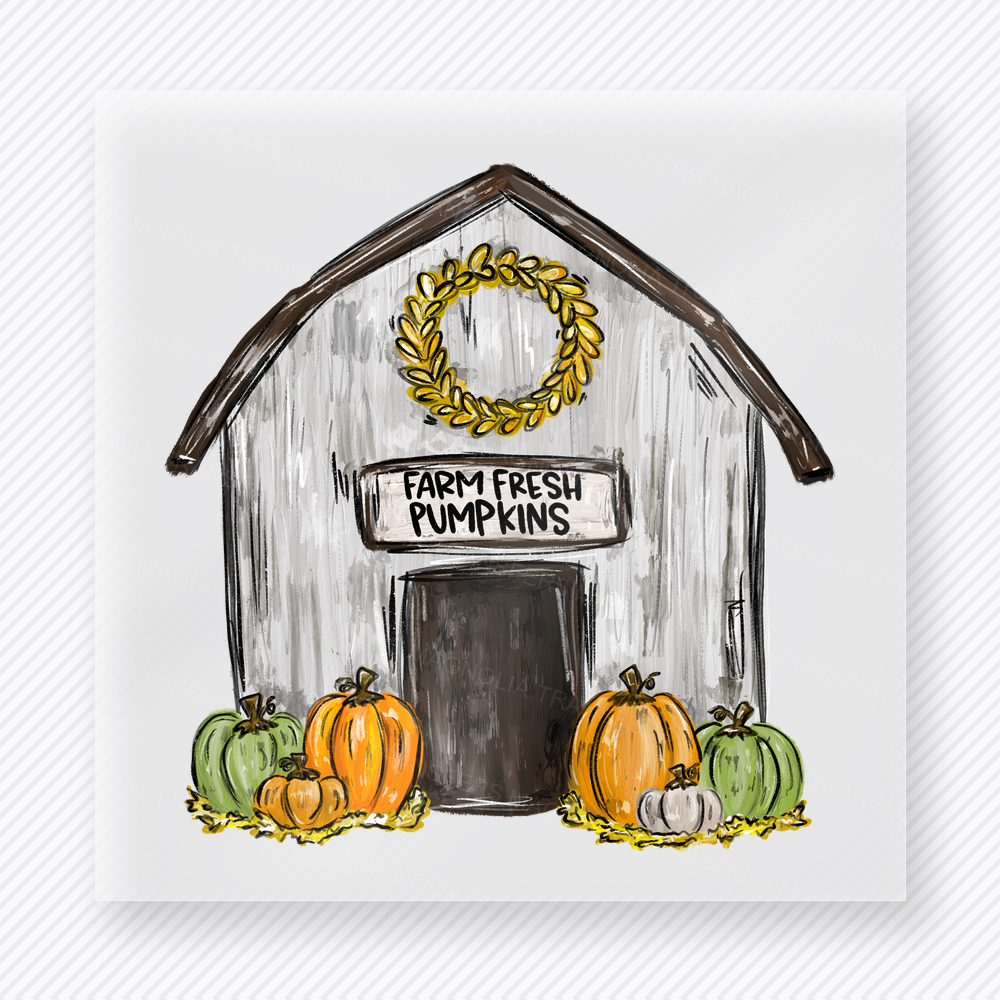 Farm Fresh Pumpkins Barn fall and Thanksgiving DTF transfer featuring a rustic barn sign with the phrase Farm Fresh Pumpkins