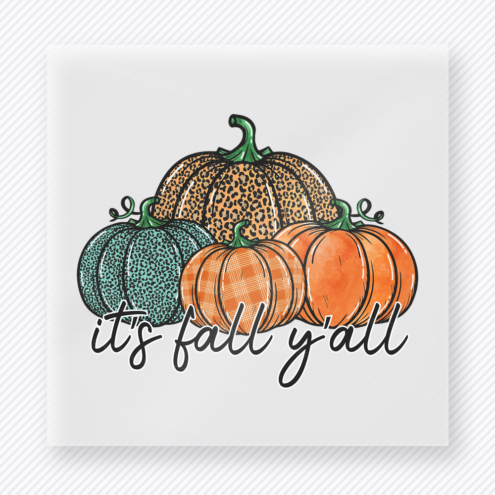 It's Fall Y'all Pumpkins fall and Thanksgiving DTF transfer featuring It’s Fall Y’all Pumpkins features a pumpkin cluster with the phrase It’s Fall Y’all