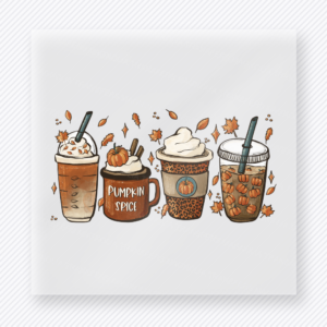 Pumpkin Spice Drinks Trio fall and Thanksgiving DTF transfer featuring a trio of pumpkin spice coffee drinks