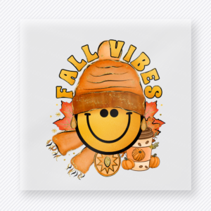 Fall Vibes Smiley Scarf Smiley With The Phrase fall and Thanksgiving DTF transfer featuring a scarf smiley design with the phrase Fall Vibes