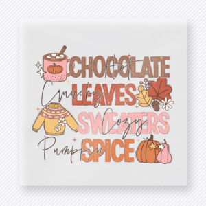 Chocolate Leaves Sweaters Pumpkin Spice Stacked Cozy Fall Words In fall and Thanksgiving DTF transfer featuring stacked cozy fall words in soft autumn tones