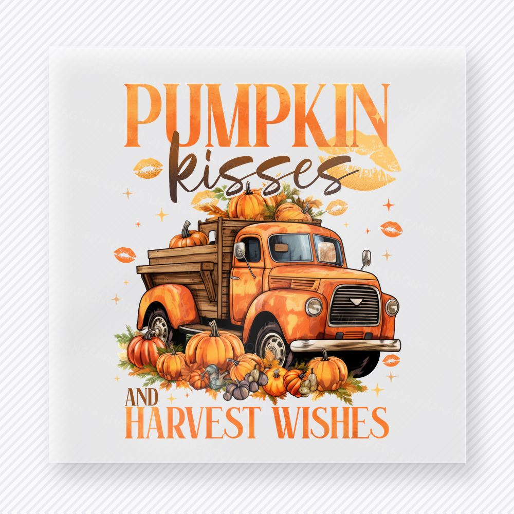 Pumpkin Kisses and Harvest Wishes fall and Thanksgiving DTF transfer featuring a truck and pumpkin design