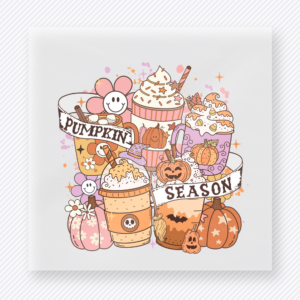 Pumpkin Season Drinks Pastel Pumpkin Spice Drinks Collage fall and Thanksgiving DTF transfer featuring a pastel pumpkin spice drinks collage with the phrase Season