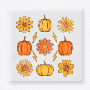 Fall Floral Pumpkin Pattern Daisies And Lightning Accents fall and Thanksgiving DTF transfer featuring a fall floral pumpkin pattern with daisies and lightning accents