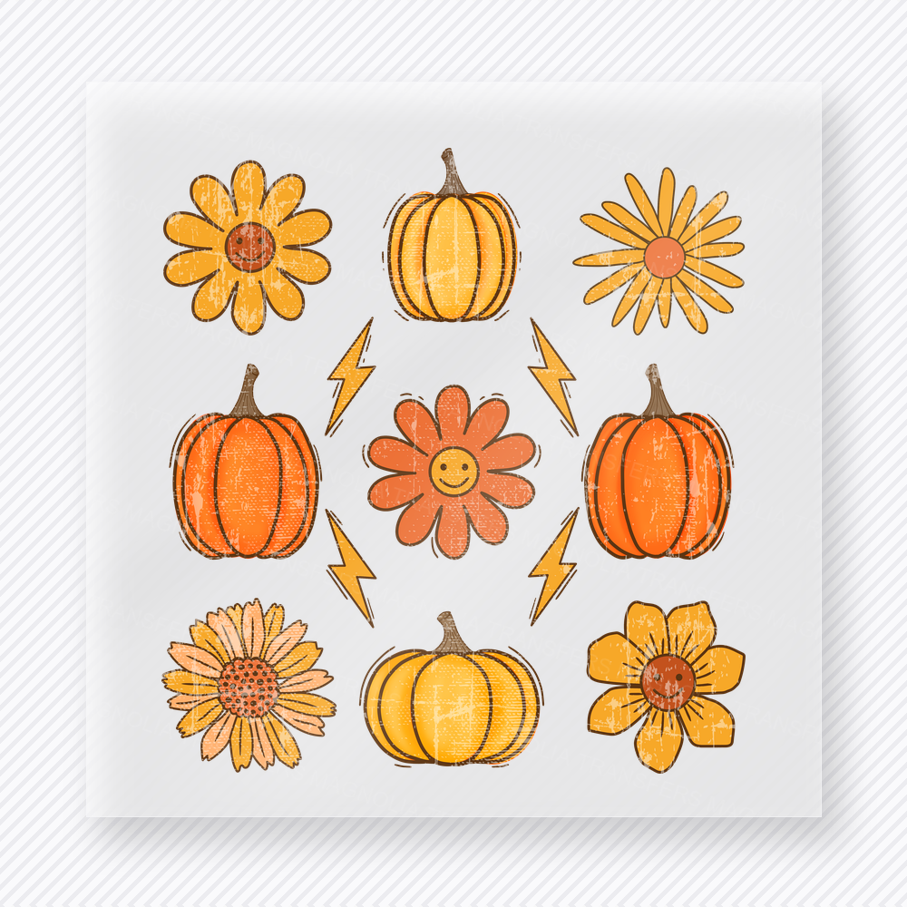 Fall Floral Pumpkin Pattern Daisies And Lightning Accents fall and Thanksgiving DTF transfer featuring a fall floral pumpkin pattern with daisies and lightning accents