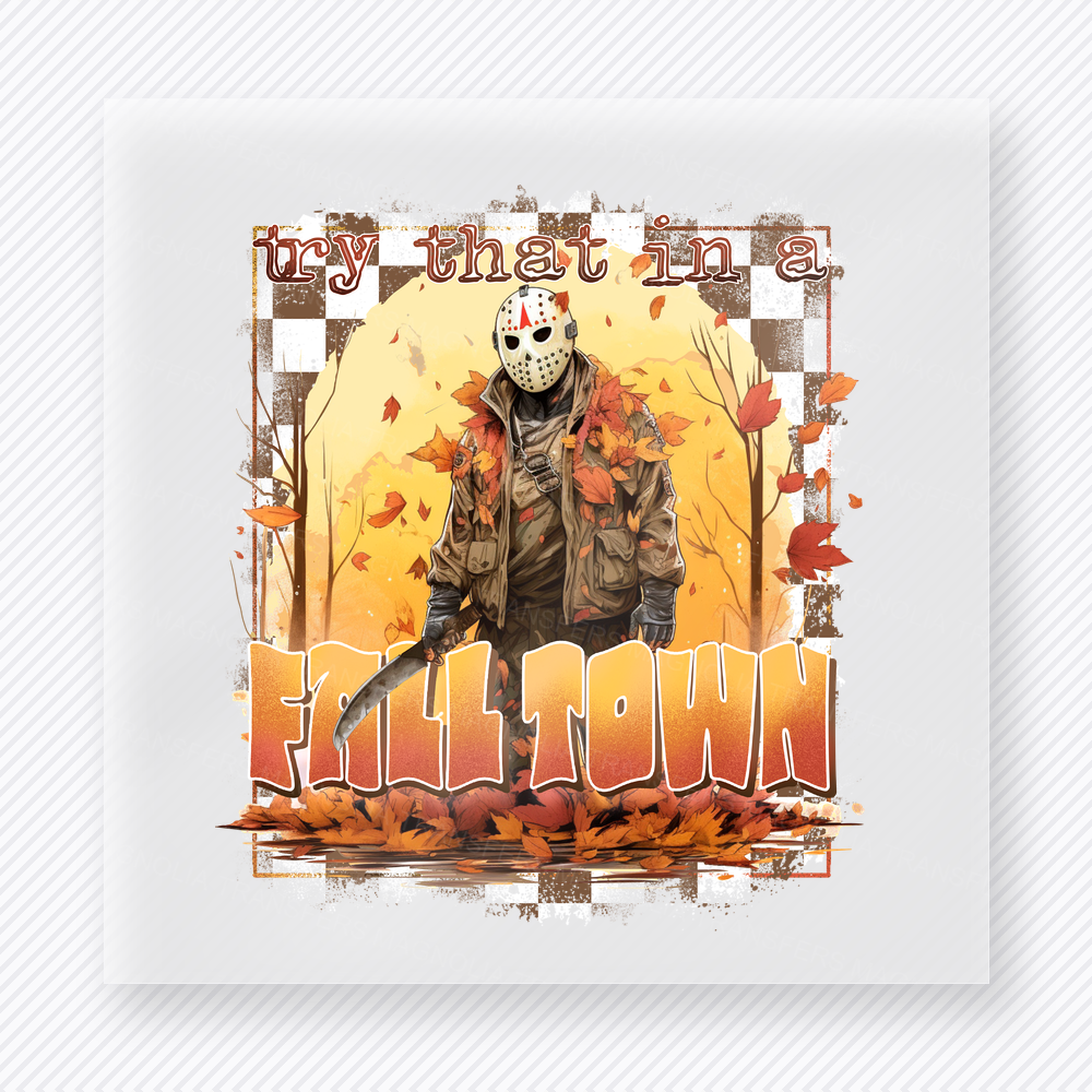 Fall Town Horror-Inspired Checker Fall Scene fall and Thanksgiving DTF transfer featuring a horror-inspired checker fall scene