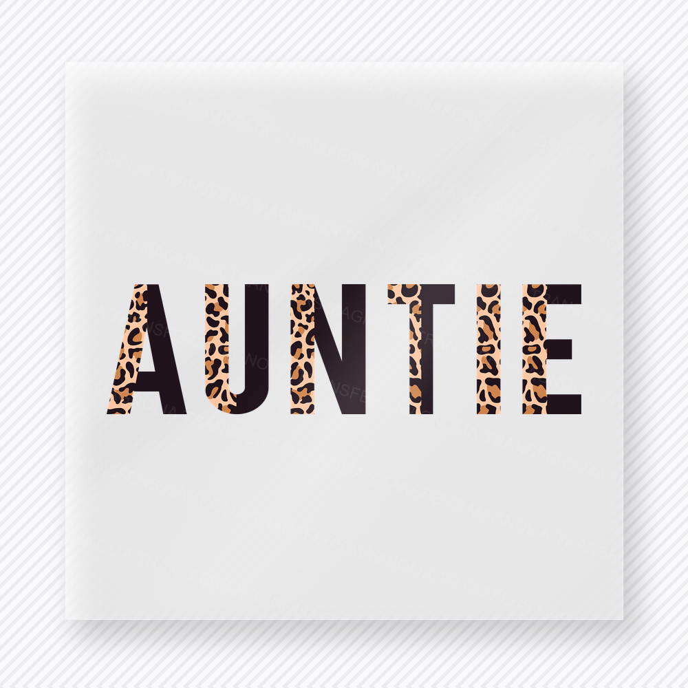 Leopard Print Auntie family DTF transfer design featuring clean block lettering split between solid black and classic tan leopard print