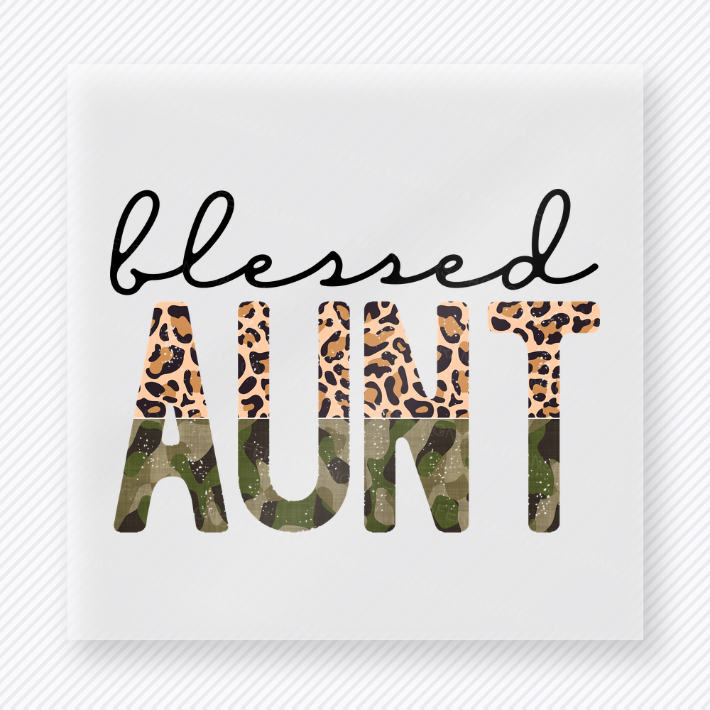 Blessed Aunt Leopard Camo family DTF transfer design featuring flowing Blessed script above large AUNT letters combining classic leopard print with olive camouflage