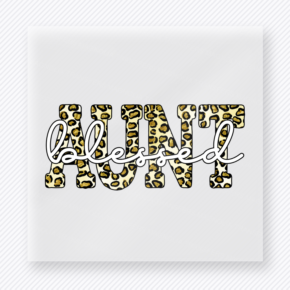 Blessed Aunt Gold Leopard family DTF transfer design featuring metallic-look gold leopard block lettering layered with elegant Blessed script
