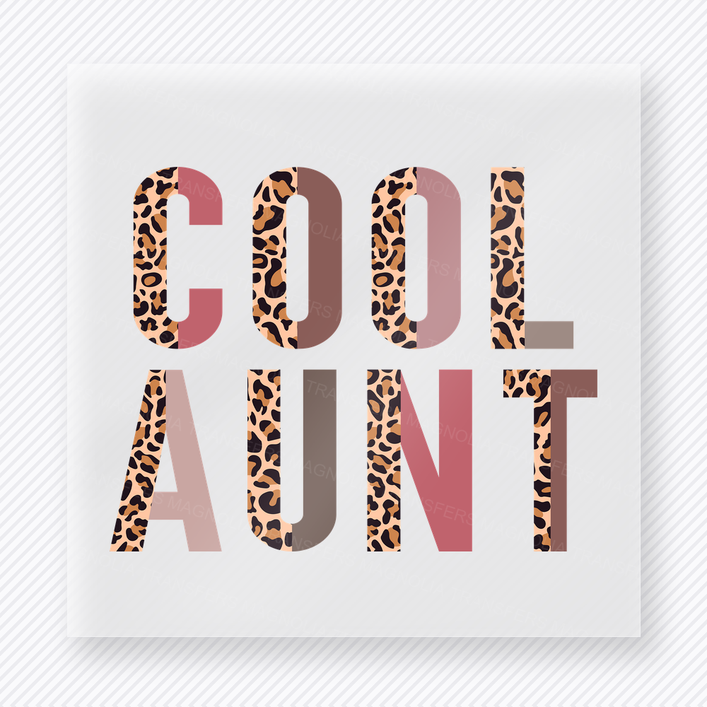 Cool Aunt Pink Leopard family DTF transfer design featuring bold stacked COOL AUNT typography mixing leopard print with dusty rose, mauve, blush, and taupe color blocks