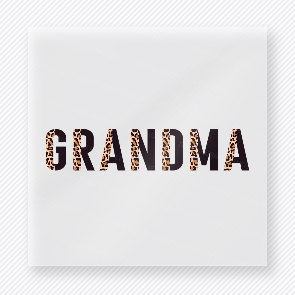 Leopard Print Grandma family DTF transfer design featuring clean GRANDMA block lettering split between solid black and classic tan leopard print
