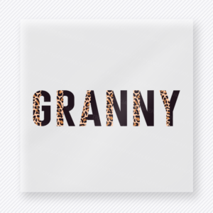 Leopard Print Granny family DTF transfer design featuring clean GRANNY block lettering split between solid black and classic tan leopard print