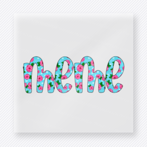 Floral MeMe Grandmother family DTF transfer design featuring rounded lowercase MeMe lettering filled with pink roses, green leaves, and white polka dots on turquoise blue