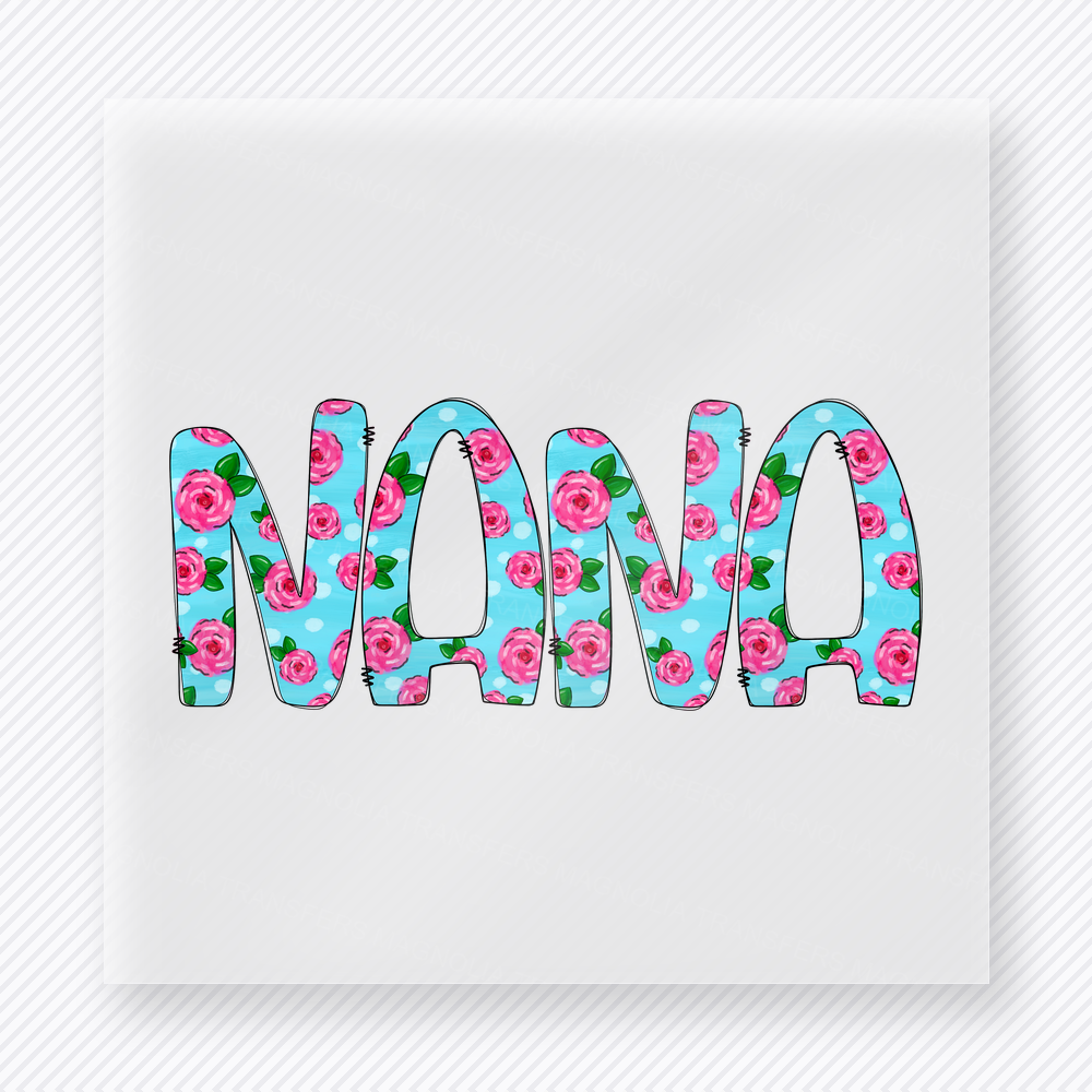 Floral Mama family DTF transfer design featuring bold MAMA lettering filled with pink roses, green leaves, and white polka dots on turquoise blue