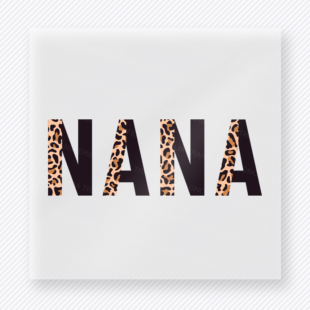 Leopard Print Nana family DTF transfer design featuring clean NANA block lettering split between solid black and classic tan leopard print