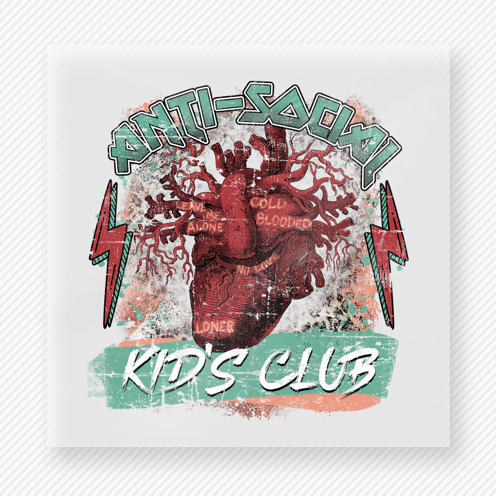 Anti Social Kids Club Soft Color DTF transfer mockup with anti Social Kids Club wording surrounds an anatomical heart with soft muted colors and lightning accents.