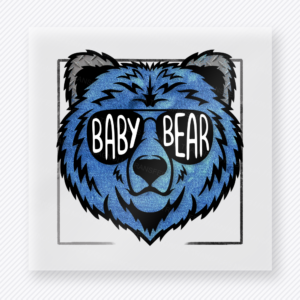 Baby Bear Blue DTF transfer mockup with baby Bear wording sits inside a blue bear face with black outlines and a bold family mascot style.