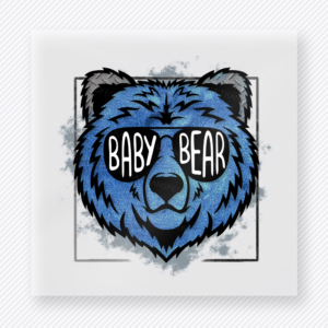 Baby Bear Blue Grunge DTF transfer mockup with baby Bear wording sits inside a blue bear face over gray grunge accents for a bold family mascot style.