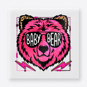 Baby Bear Pink Leopard DTF transfer mockup with baby Bear wording sits inside a pink leopard bear face with lightning accents.