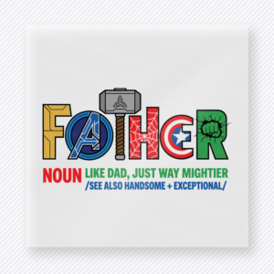 Father Superhero Definition DTF transfer mockup with father definition-style wording appears with colorful hero-inspired letters for a proud dad design.