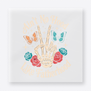 Skeleton Hand Roses And Butterflies DTF transfer mockup with a skeleton hand forms a peace sign with roses and butterflies for an edgy dad-friendly graphic design.