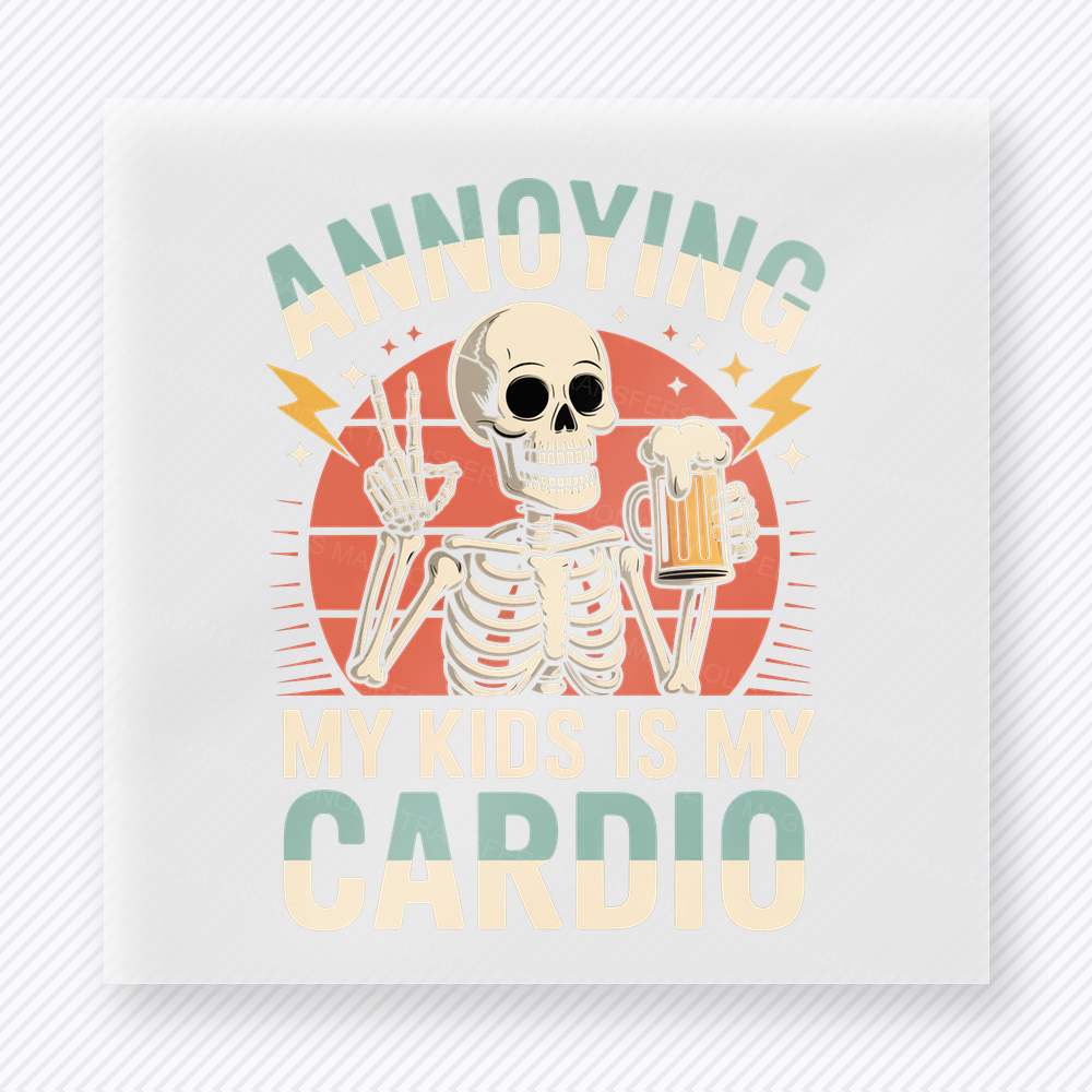Avoiding Cardio Skeleton DTF transfer mockup with avoiding Cardio wording appears with a skeleton holding a drink in front of a sunset-style background.
